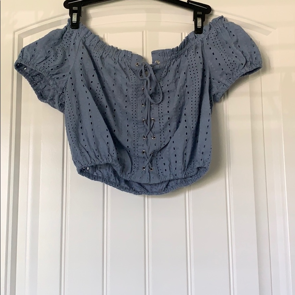 SKY AND SPARROWS blue off the shoulders shirt